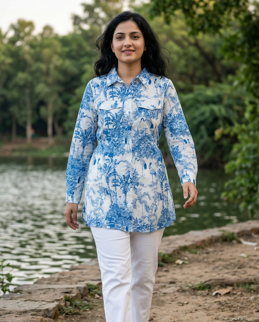 Oceania I White and Blue Toil Print Cotton Woman's Shirt