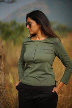 Load image into Gallery viewer, Zeina – JS Cotton Base Full Sleeves Straight Fit T-Shirts (Olive Green)
